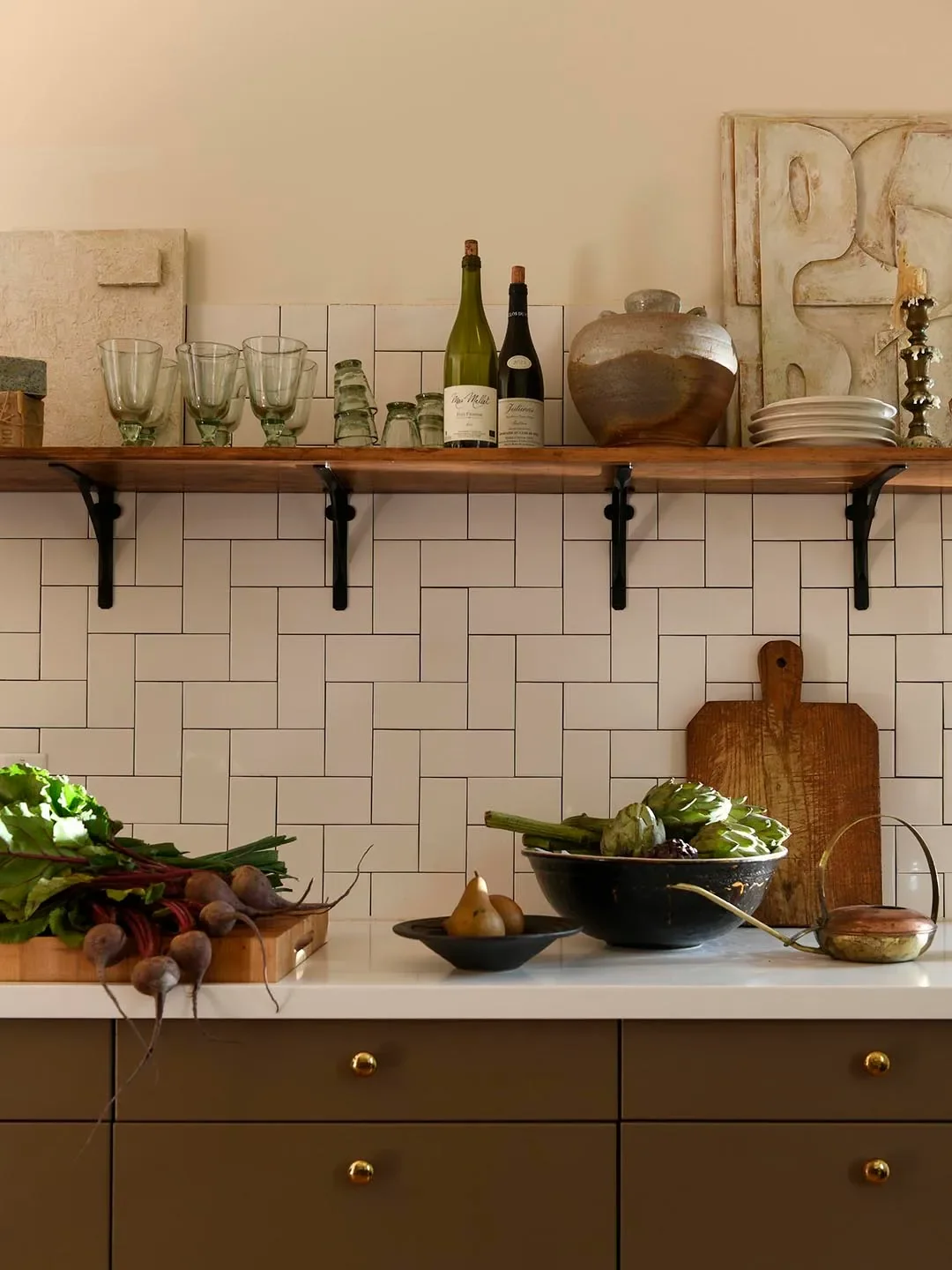 Broccoli Brown Cabinet Paint,Farrow & Ball; Handblown Cafe Glasses,Shoppe Amber Interiors; Brass Watering Can,Mon Modern.