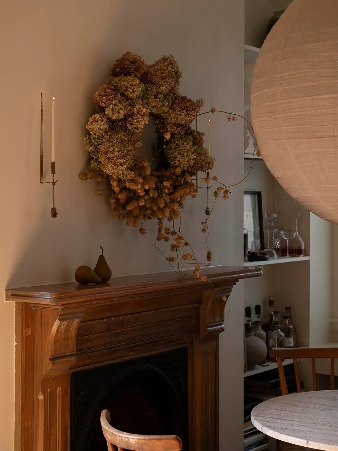 Linen Pendant,Leanne Ford; Pendant Cord Kit,Ferm Living; Vintage Dining Table,Chairish; Custom Wreath,Mother Child.
