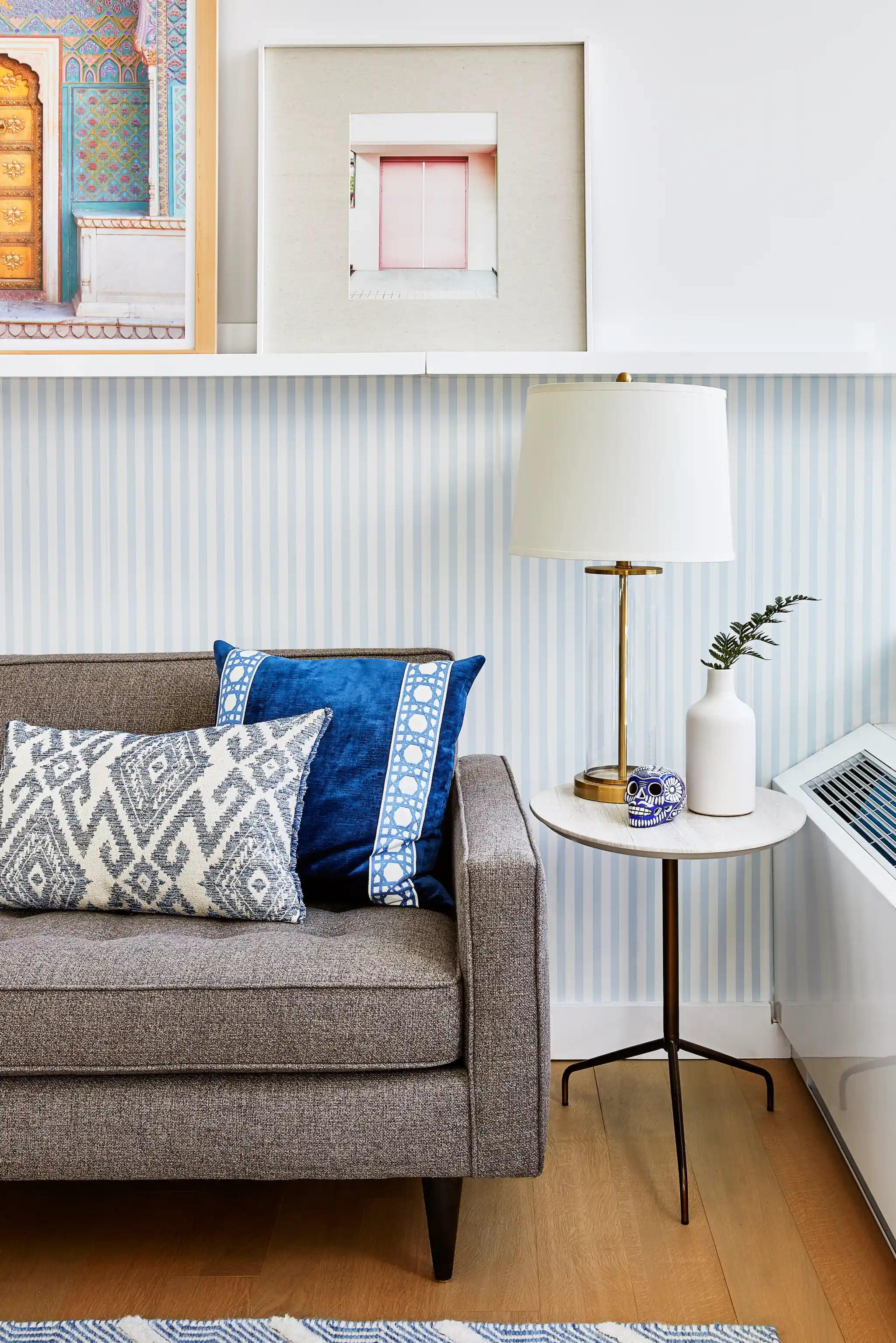 Sofa,Room and Board| Side Table,West Elm| Throw Pillow,Williams Sonoma| Custom Wallpaper,Etsy| Photo Ledges,CB2Photography by Cody Guilfoyle