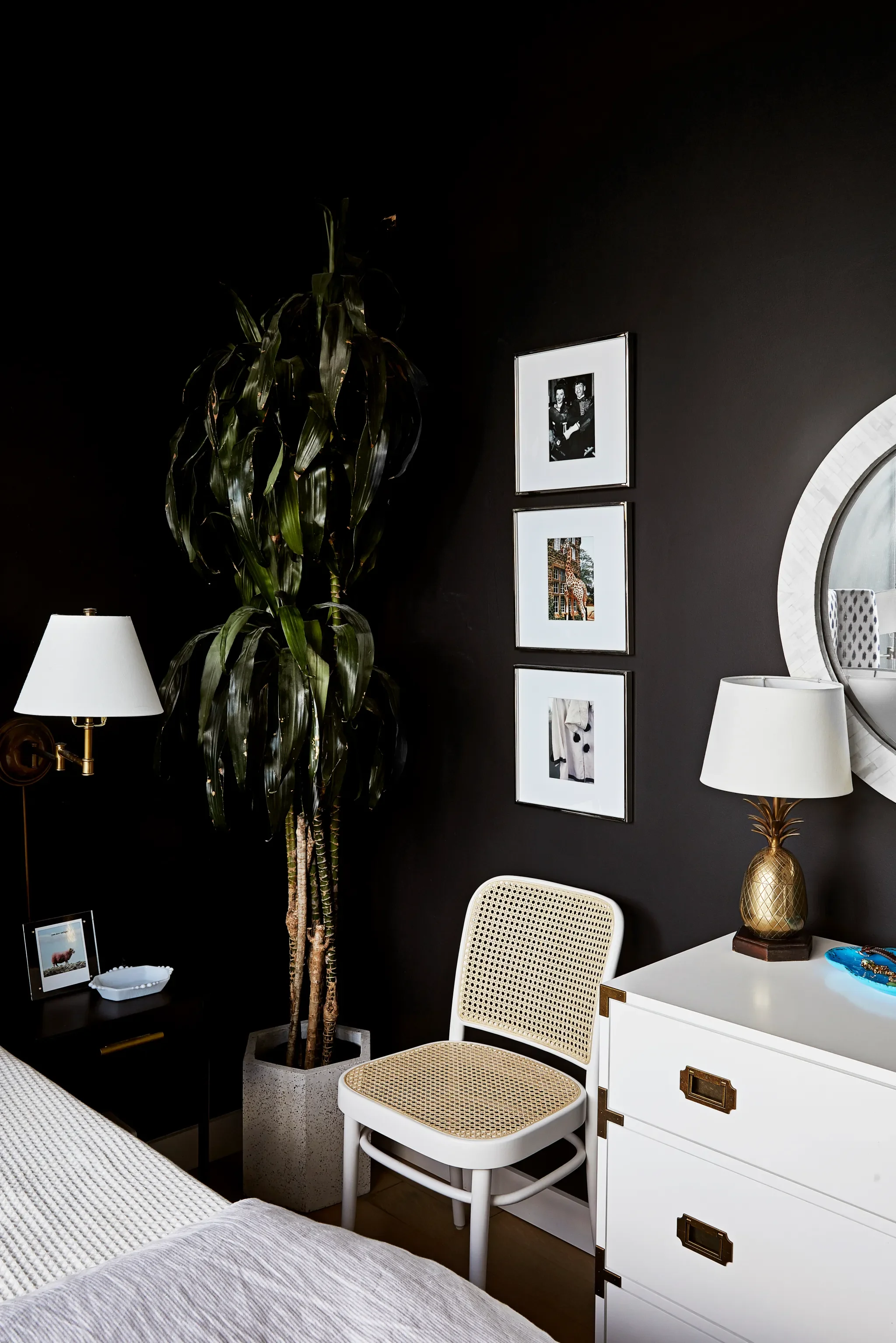 Black Satin Paint,Benjamin Moore| Dresser,Crate & Barrel| Sconce,Pottery Barn| Nightstand,West Elm| Chair,RejuvenationPhotography by Cody Guilfoyle