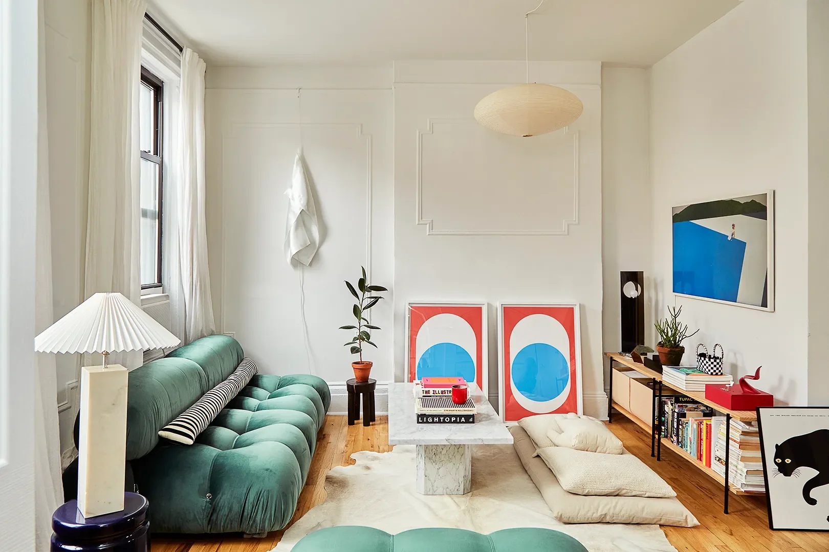 Akari Noguchi Pendant Lamp,Surrounding; Nelson Pop Art Blue Dot Posters,Herman Miller; Delight Light by Frans van Nieuwenborg and Martijn Wegman,Ingo Maurer; Denese Milano Quattro Black Panther Poster