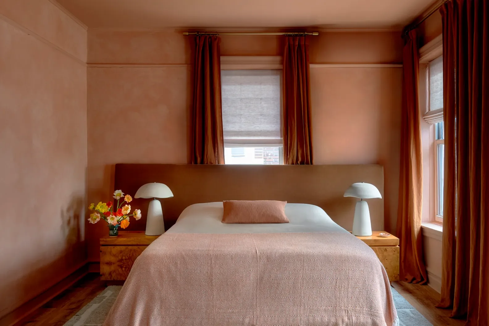 This is the largest bedroom I’ve had in my life. The limewash adds character, and the hue is a nod to the warm, soothing colors I’ve encountered during travels in Mexico City and Oaxaca. The ceiling a