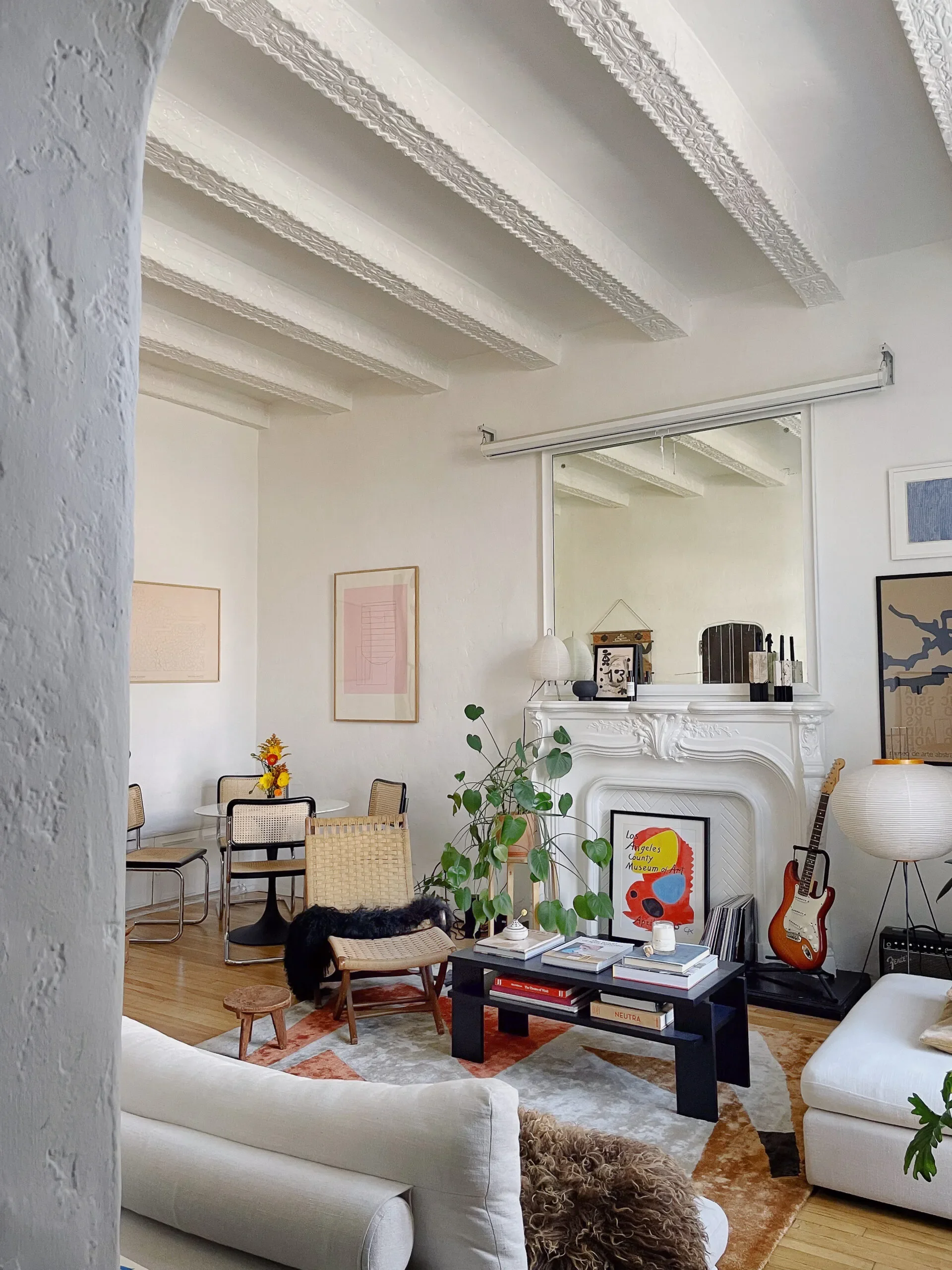 Coffee Table,Russet; Paper Lanterns, Noguchi; Projector Screen,Amazon; Rug,Cold Picnic.