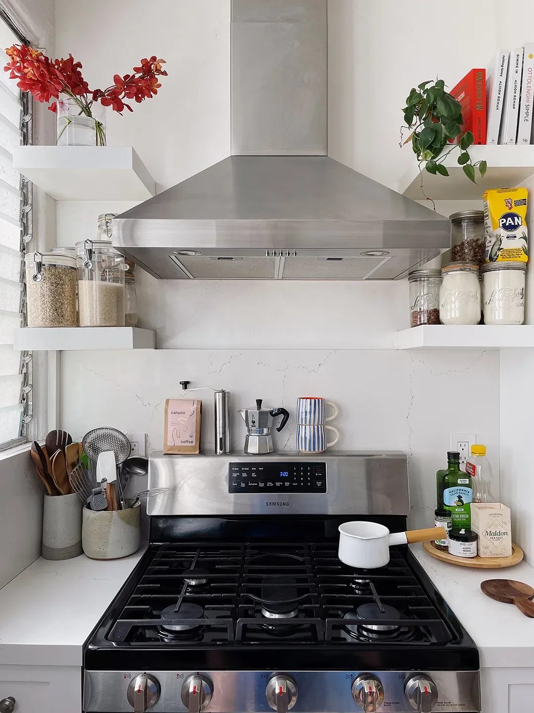 stove with shelves on the side
